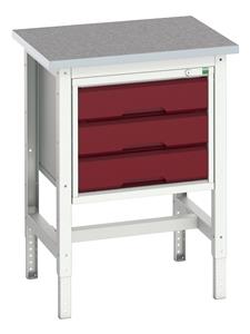 16921603.** verso adj. height workstand with 3 drawer cabinet & lino top. WxDxH: 700x600x780-930mm. RAL 7035/5010 or selected